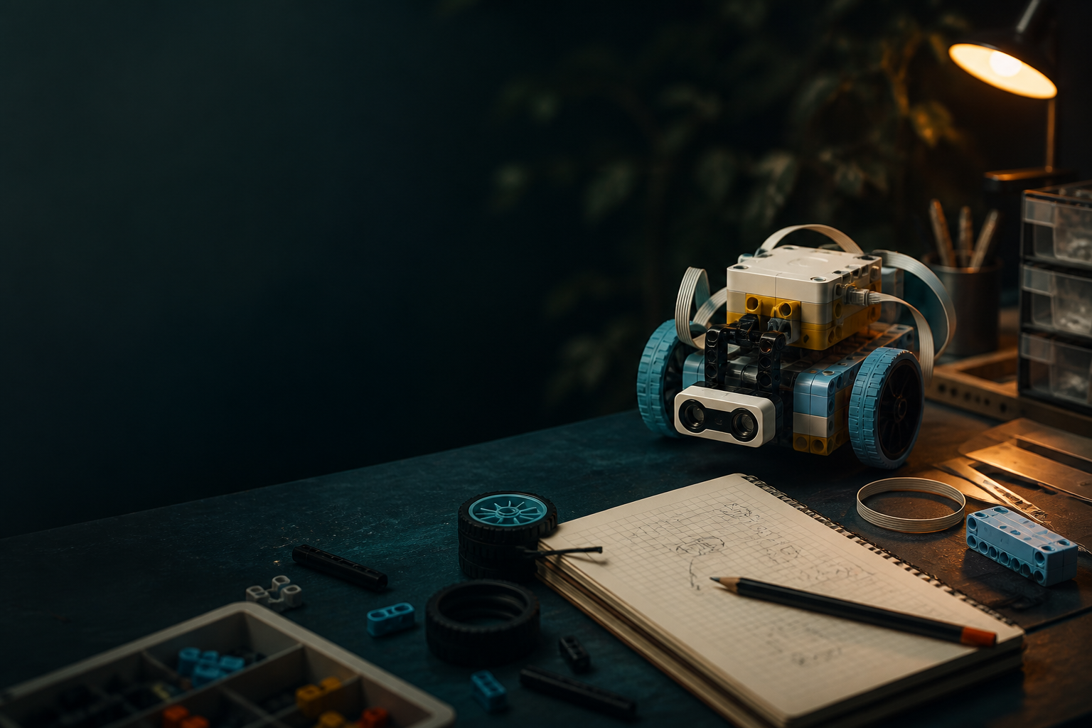 An educational robot, wheels, and a notebook on a dark robotics workbench